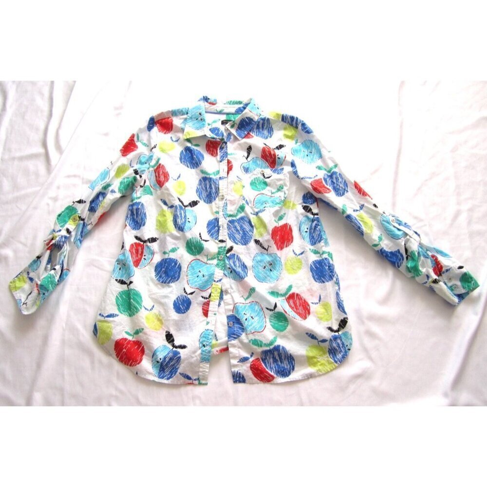 Women Talbots Apple Colorful Print Button Collar Long Sleeve Shirt Sz M (WB346)